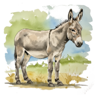 Watercolor style depiction of a gray donkey standing in a field with a green and blue sky backdrop on transparent background png