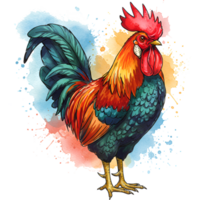 A vibrant rooster with watercolor splash effect stands proudly in a colorful composition design style on transparent background png