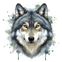 Watercolor style portrait of a wolf with yellow eyes and a neutral expression on a transparent field on transparent background png