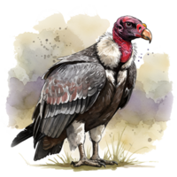 A watercolor style image of a vulture with red head standing in a field of grass and foliage on transparent background png
