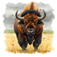 Watercolor painting of a bison standing in a field with a cloudy sky in the background artwork style on transparent background png
