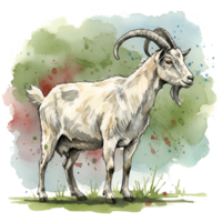 Watercolor style drawing of a goat with horns standing on grass against a colorful splash on transparent background png