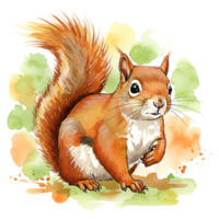 Watercolor painting of a squirrel with a fluffy tail against a colorful painted backdrop art image on transparent background png