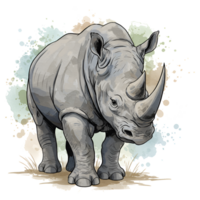 A detailed artistic rendering of a rhinoceros standing with a watercolor style splash behind it on transparent background png