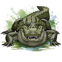 A detailed front view of an alligator with visible teeth and green watercolor style elements around it on transparent background png