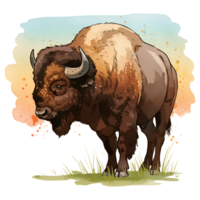 Watercolor style rendering of a bison standing on grass with a colorful sky in the distance on transparent background png