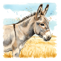 Watercolor painting of a donkey standing in a field with sky visible in the upper portion of image on transparent background png