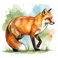 Watercolor depiction of a fox walking through grass with a light blue and green painted sky behind it on transparent background png