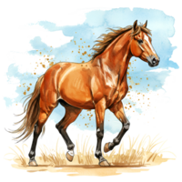 A chestnut horse trotting gracefully with a flowing mane and tail against a watercolor sky design on transparent background png