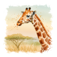 A watercolor painting of a giraffe in a field with a tree under a bright sky on a sunny day on transparent background png
