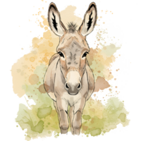 Watercolor painting of a donkey with long ears standing in front of a yellow and green background on transparent background png