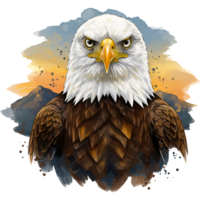 Close up of an eagle with mountains and sky in the background in a painted style image view shot on transparent background png