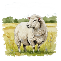 Watercolor painting of a sheep standing in a field with trees in the distance on a sunny day on transparent background png