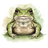 A watercolor style drawing of a green toad with a serious expression facing the viewer directly on transparent background png