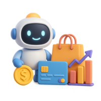 Friendly Robot with Shopping Cart and Graph in 3D Style png