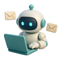3D Robot Composing Emails with Laptop and Messages Animation png
