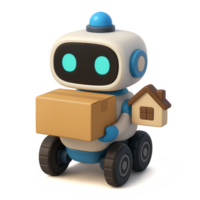 3D Robot Delivery Character with Box and House for Simple Transport png