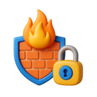 Secure 3D Shield Icon with Lock and Flame for Data Protection Concept png