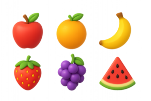 Colorful 3D Fruit Icons Set with Simple Design for Digital Use png