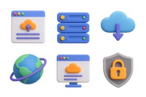 3D Icons of Cloud Hosting, Web Interface, and Security Elements png