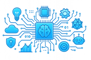 Blue Technology Circuit Design with AI Elements and Simple Icons png