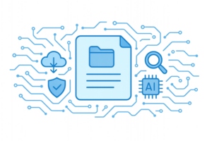 Simple Tech Icons on Blue Background with Circuit Design Elements png