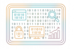 Digital Binary Interface with Icons and Data Analysis Elements png