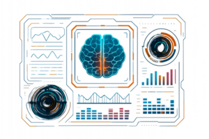 Futuristic HUD Display with Brain Visualization and Data Metrics png
