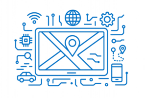 Futuristic Tech Blueprint with Geometric Patterns and Icons png