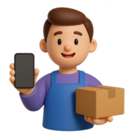 Friendly Character Holding Phone and Package in 3D Style png