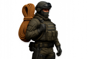 Tactical Rescue Unit Fighter with Rope Gear and Combat Uniform png