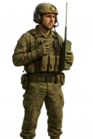 Soldier in Combat Gear Using Communication Device in Field Setting png