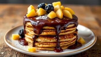 Stack of pancakes with chocolate sauce and fresh fruit topping on white plate photo