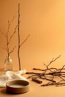 Minimalist twig arrangement with ceramic bowl and cloth on beige background, calm and natural photo