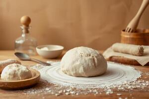 Fresh dough ball on wooden table with flour and kitchen tools in warm light photo
