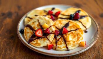 Small pancakes with chocolate sauce and fresh fruit on white plate on wooden table photo