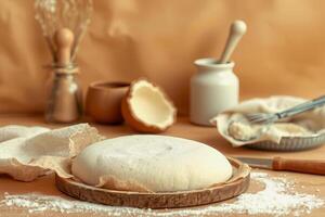 Fresh dough resting on wooden tray with baking tools and flour on table photo