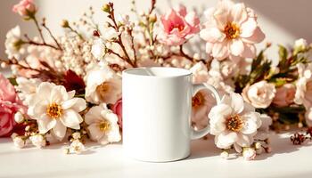 Pristine white mug surrounded by soft pink and white flowers in warm sunlight photo