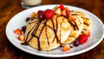 Plate of fluffy pancakes topped with chocolate syrup and fresh mixed berries on wooden table photo