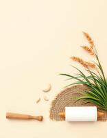 Rolling pin with dough and green plant on beige background with mat, calm kitchen scene photo