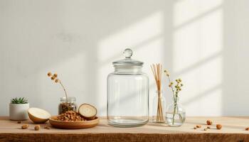 Clear glass jar with lid on wooden table with dried flowers and nuts in warm sunlight photo