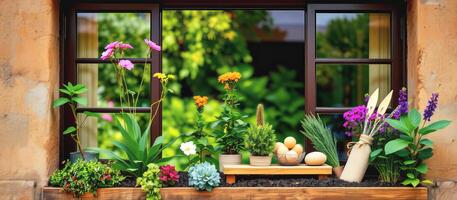 Harmonious window planting with colorful flowers and green plants creating lively outdoor view photo