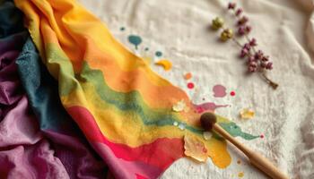 Colorful fabric with natural dye and brush on white cloth with flower petals photo