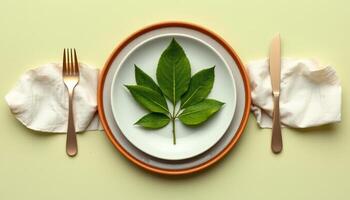 Green leaf on white plate with fork and knife on linen napkin for eco dining photo