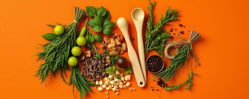Harmonious herb bundling with fresh green leaves and wooden spoons on vibrant orange background photo