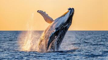 Humpback Whale Breach at Sunset Ocean Spray Catching Golden Light photo