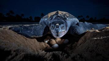 the Leatherback Turtle Nesting 1,500lb Female Laying Eggs at Moonlight photo