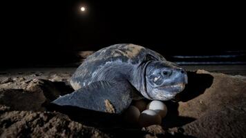 Leatherback Turtle Nesting 1,500lb Female Laying Eggs at Moonlight photo