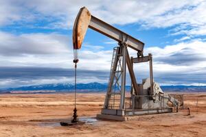 Pump jack extracting crude oil in the desert with snowy mountains on the background photo