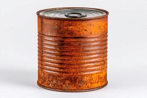 Rusty tin can showing aging and decay on white background photo